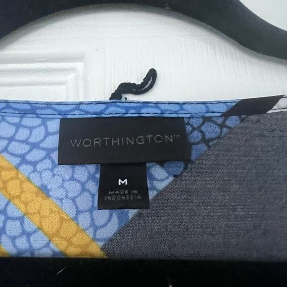 Worthington Blue and Yellow Geometric V-Neck Blouse - Picture 2 of 4